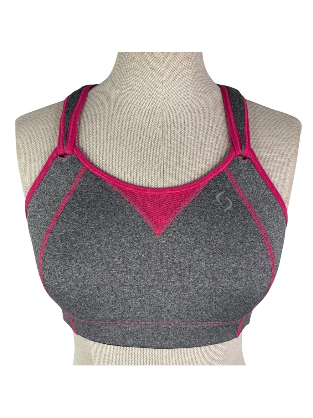 Moving Comfort Rebound Racer Sports Bra sz 34C * Brooks Gray & Pink Racerback